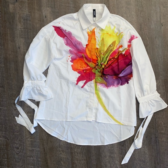 STYLEWE Women’s Button down blouse w/watercolor floral pattern & cuff sleeves - Picture 3 of 9